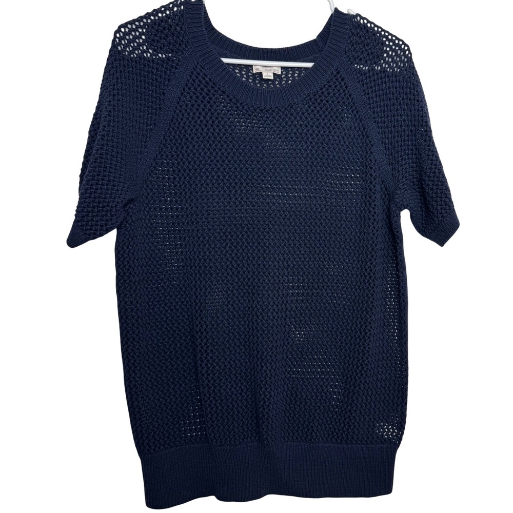 Gap Womens‎ Navy Blue Short Sleeve Mesh Knit Sweater Top Size L Crochet
